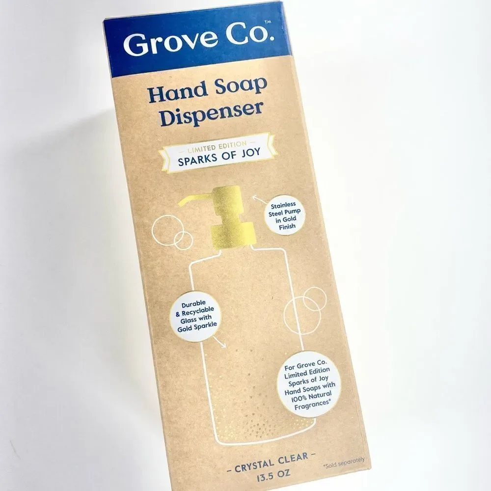 Grove collaborative sparks of Joy hand soap dispenser clear gold 13.5